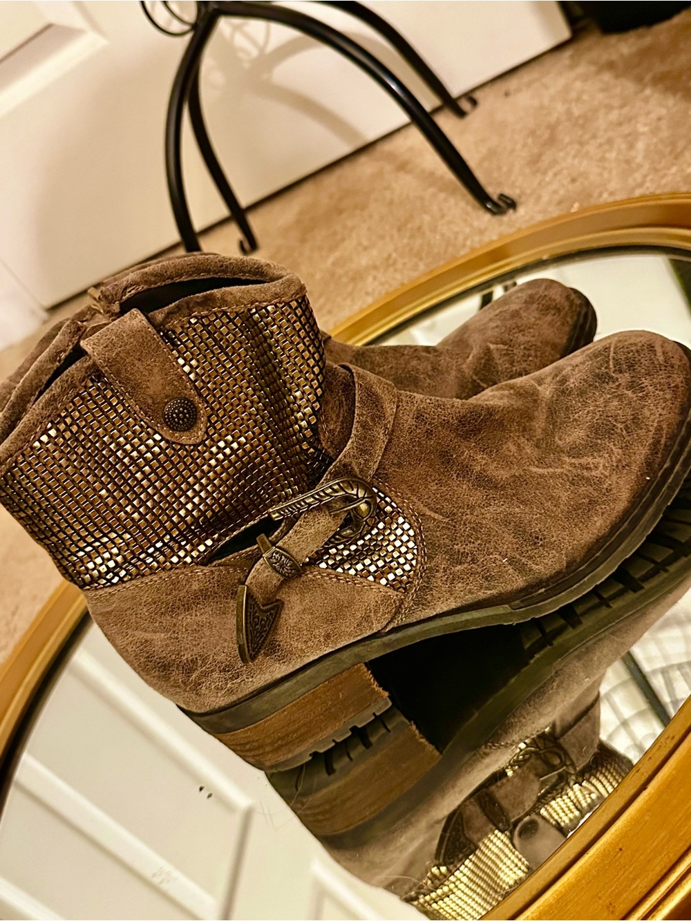 Dolce by Mojo Moxy Women's Brown Suede Ankle Boots with Coper tone Mesh details